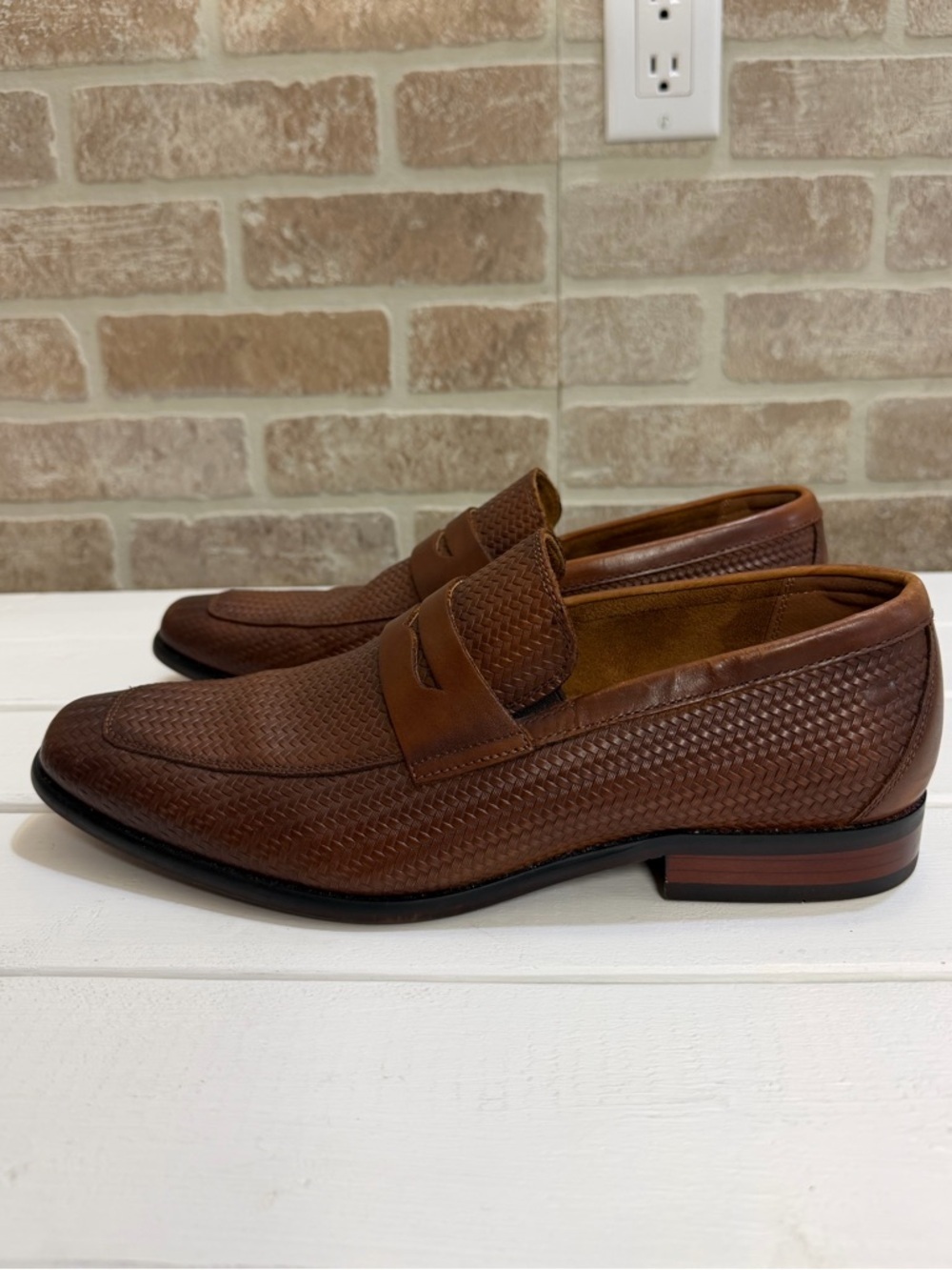 Florsheim Rucci Weave Penny Loafers Mens 8D Cognac Leather Moc Toe - Picture 5 of 11